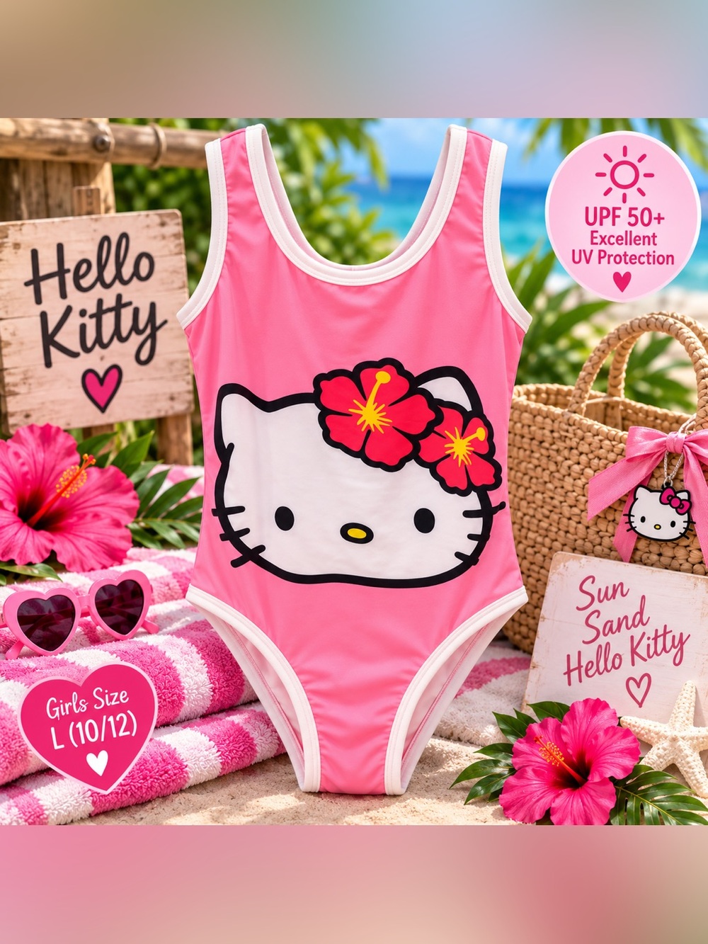Hello Kitty Sanrio Girls L 10/12 Pink Hawaiian One Piece Swimsuit UPF 50+ NWT